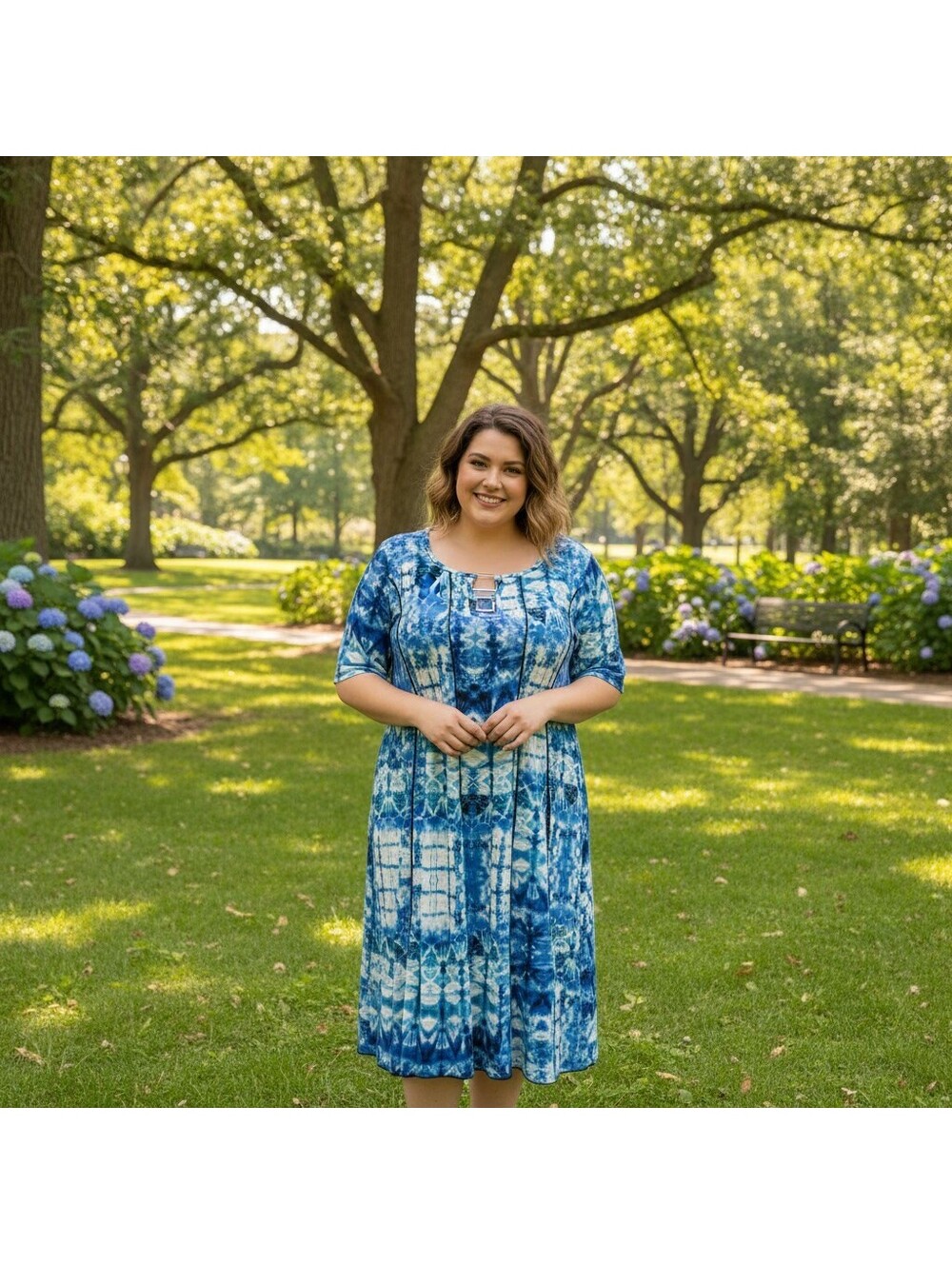 1753 - Sami & Jo Plus Size 2X Blue Patterned Dress with Square Buckle Detail